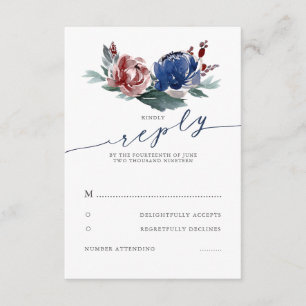 Navy Burgundy Floral Wedding RSVP Card