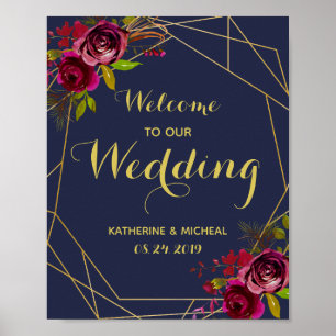 Navy Burgundy Floral Wedding Welcome Sign
