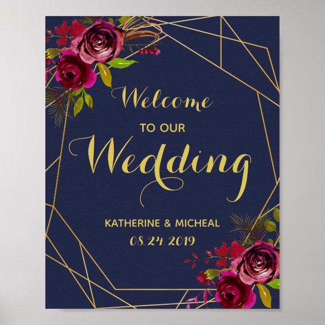Navy Burgundy Floral Wedding Welcome Sign (Front)