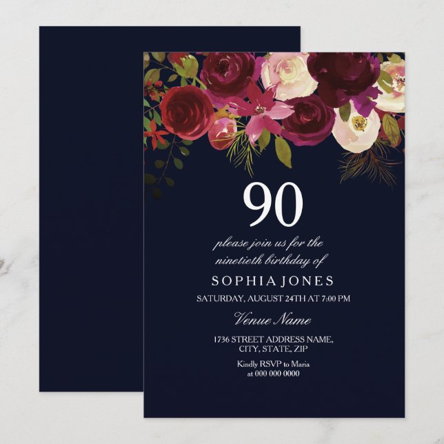 Navy & Burgundy Flowers 90th Birthday Party Invite (Front/Back)