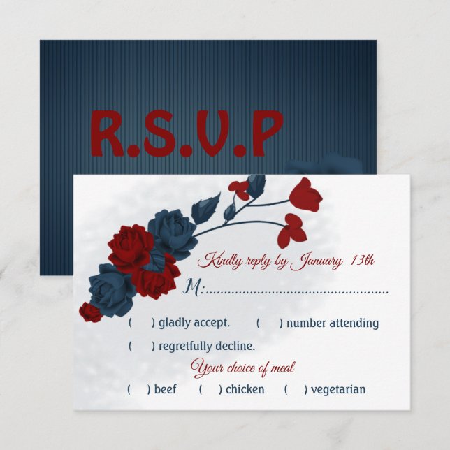 navy & burgundy flowers meal choice RSVP card (Front/Back)