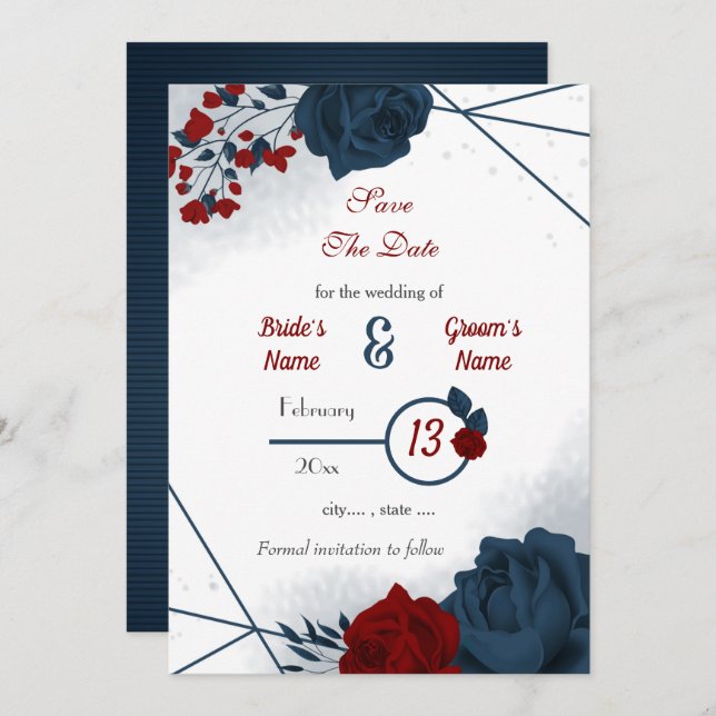 Navy & burgundy flowers romantic  save the date (Front/Back)