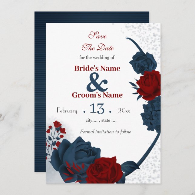 Navy & burgundy flowers romantic save the date (Front/Back)