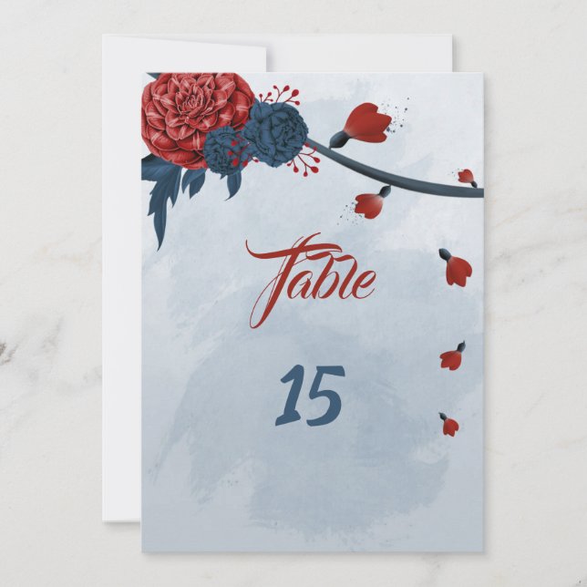 navy & burgundy flowers table number card (Front)