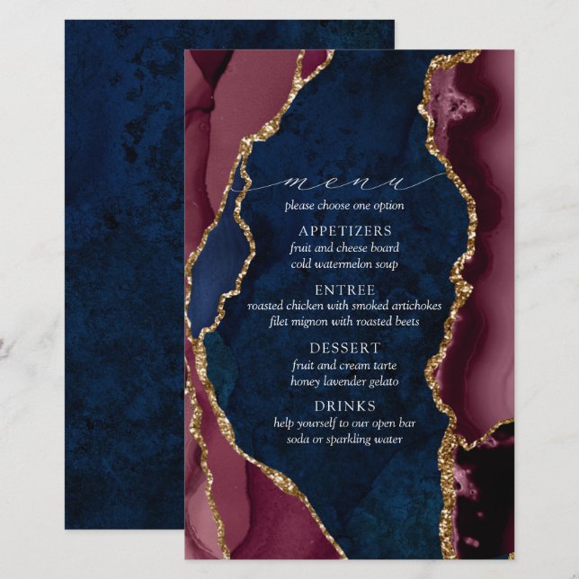 Navy, Burgundy & Gold Agate Wedding Menu (Front/Back)