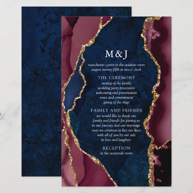 Navy, Burgundy & Gold Agate Wedding Program (Front/Back)