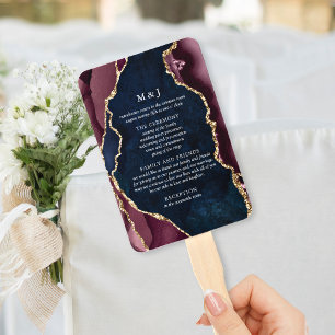 Navy, Burgundy & Gold Agate Wedding Program Hand Fan