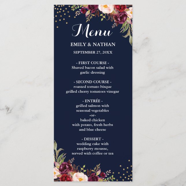 Navy Burgundy Gold Confetti Floral Wedding Menu (Front)