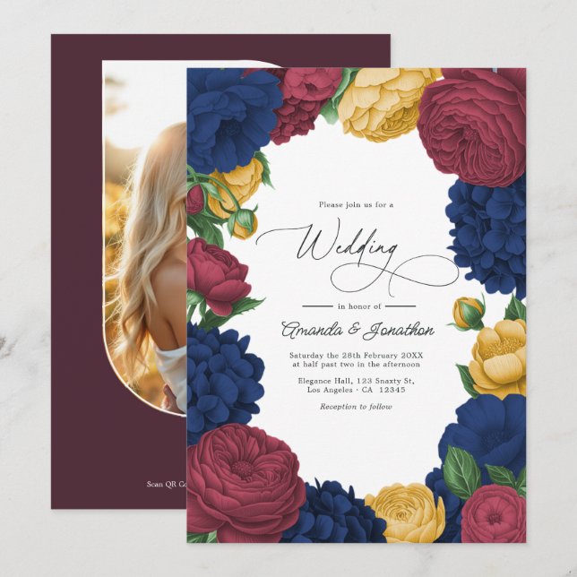 Navy, Burgundy & Gold Floral Wedding Invitation (Front/Back)