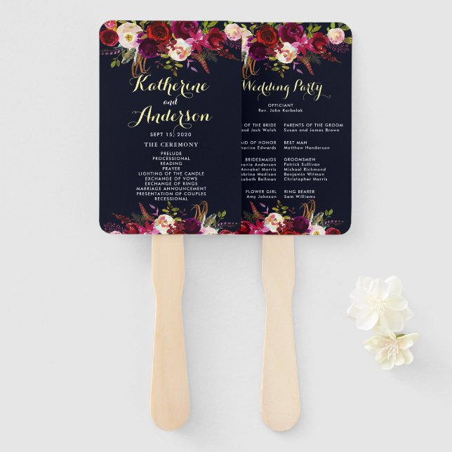 Navy Burgundy Marsala Boho Floral Wedding Program Hand Fan (Front and Back)