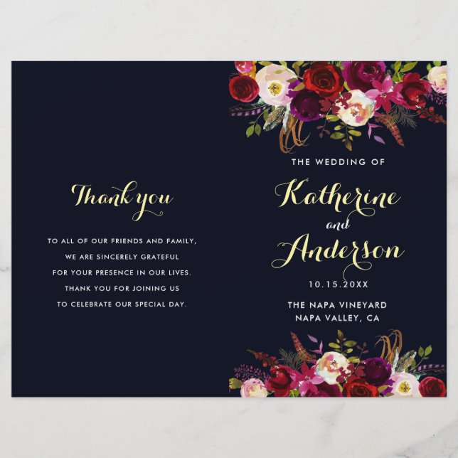 Navy Burgundy Marsala Boho Folded Wedding Program (Front)