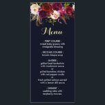 Navy Burgundy Marsala Wedding Menu Card<br><div class="desc">Bohemian style wedding menu card featuring watercolor illustration of burgundy,  red and pink peonies and roses with feathers accent. Matching items are also available. Please click the "Customize" button to change fonts,  sizes and colours.</div>