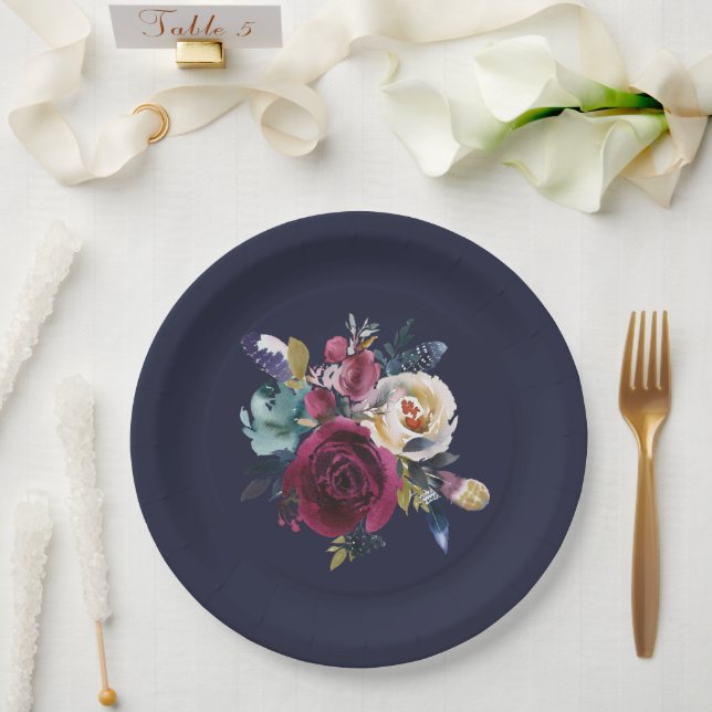 Navy Burgundy Merlot Floral Wedding Dinner Paper Plate (Wedding)