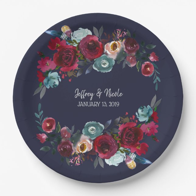 Navy Burgundy Merlot Floral Wedding Dinner Paper Plate (Front)