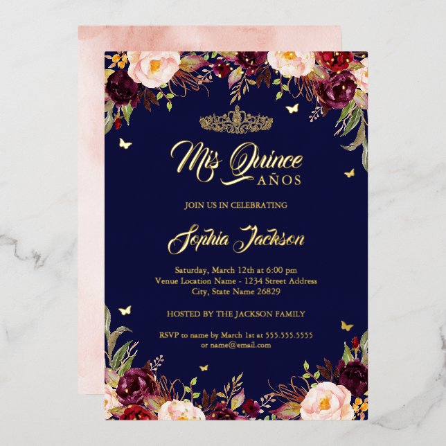 Navy Burgundy Mis Quince Floral Quinceanera  (Front/Back)