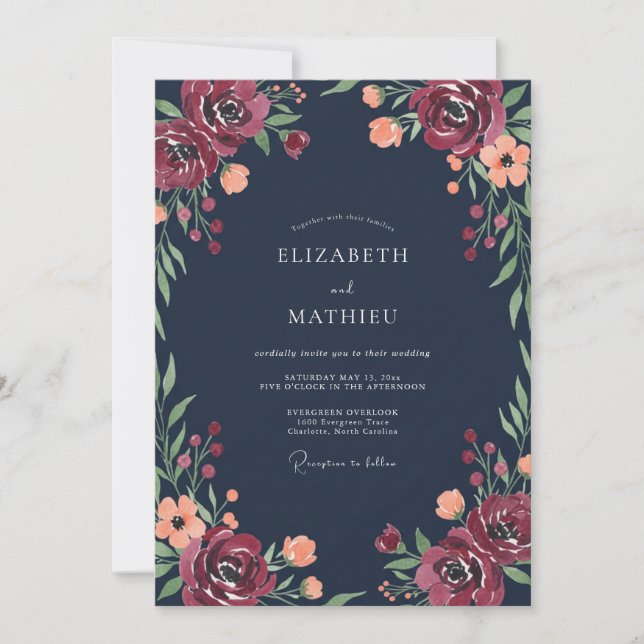 Navy Burgundy Peony Wedding Invitation (Front)