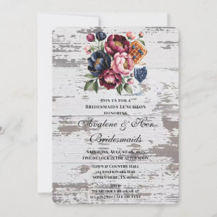 Navy Burgundy Pink Peony Wood Bridesmaids Luncheon Invitation