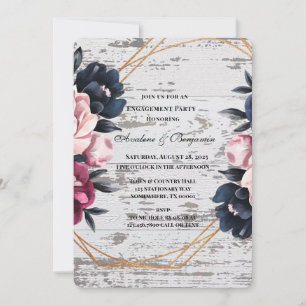 Navy Burgundy Pink Peony Wood Engagement Party Invitation