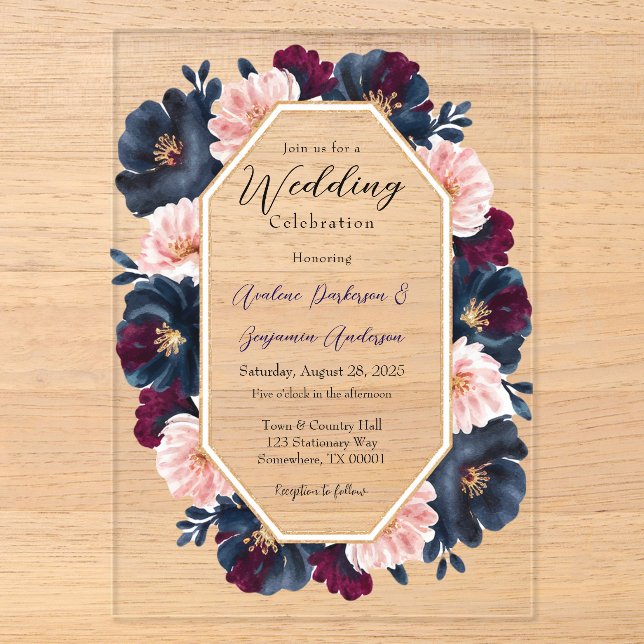 Navy Burgundy Pink Peony Wood Wedding Celebration Acrylic Invitations (Front)