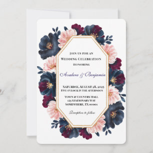 Navy Burgundy Pink Peony Wood Wedding Celebration Invitation