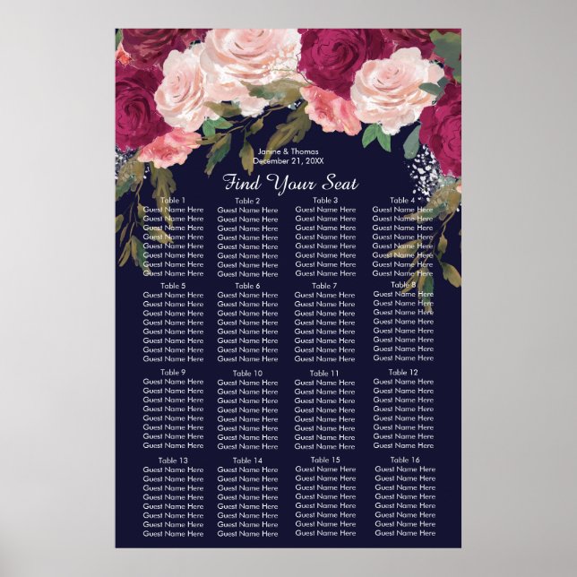 navy burgundy pink wedding seating chart sign (Front)