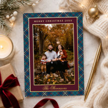 Navy Burgundy Plaid Vintage Wreath Photo Christmas