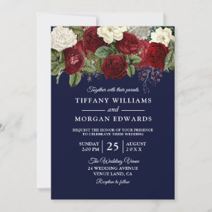 Navy & Burgundy Red White Rose Wedding Invite