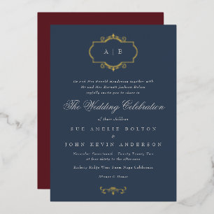 navy burgundy romantic classic monogram wedding