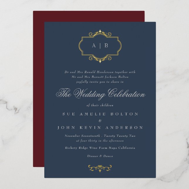 navy burgundy romantic classic monogram wedding (Front/Back)