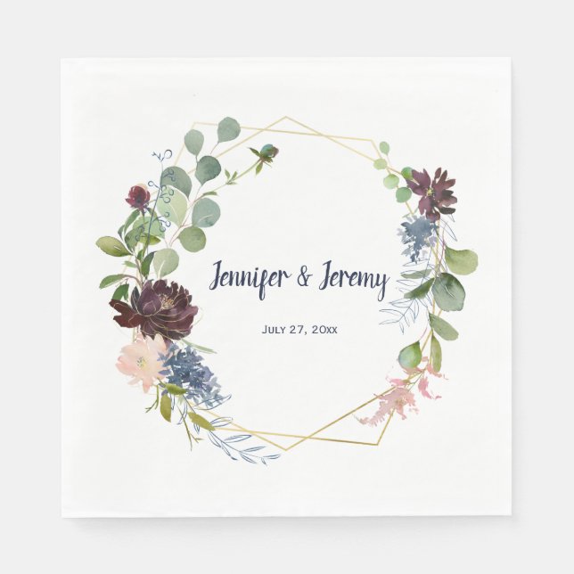 Navy Burgundy Rose Gold Geometric Wreath Wedding Napkin (Front)