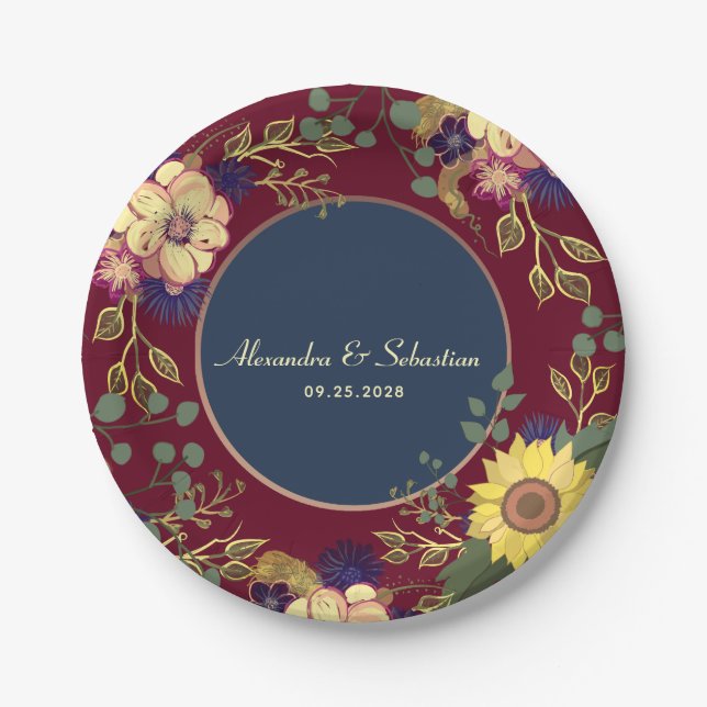 Navy Burgundy Sunflower Wedding Paper Plate (Front)