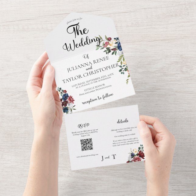 Navy & Burgundy Watercolor Floral All In One Invitation (Tearaway)