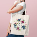 Navy Burgundy Watercolor Floral Monogram Initial Tote Bag<br><div class="desc">Elegant custom tote bag features a beautiful watercolor floral wreath design in navy blue,  burgundy,  merlot,  and blush pink with greenery. Personalize the navy blue coloured text with a first name initial. Makes a unique gift for your bridesmaids and other members of your bridal party.</div>