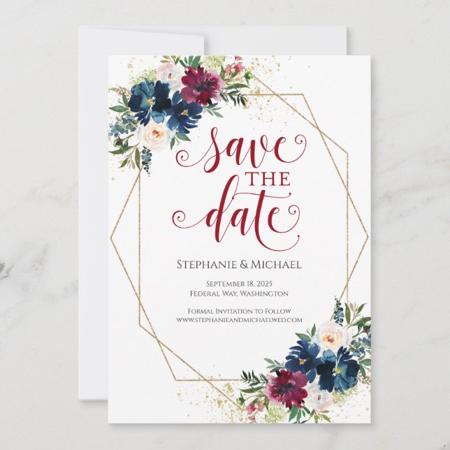 Navy Burgundy Watercolor Floral Save the Date (Front)