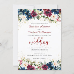 Navy Burgundy Watercolor Floral Wedding Invitation