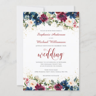 Navy Burgundy Watercolor Floral Wedding Invitation