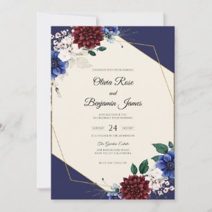 Navy Burgundy Zinnia Eucalyptus Wedding Invitation