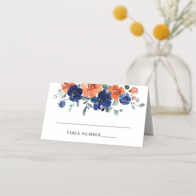 Navy Burnt Orange Floral Fall Wedding Place Cards (Front)