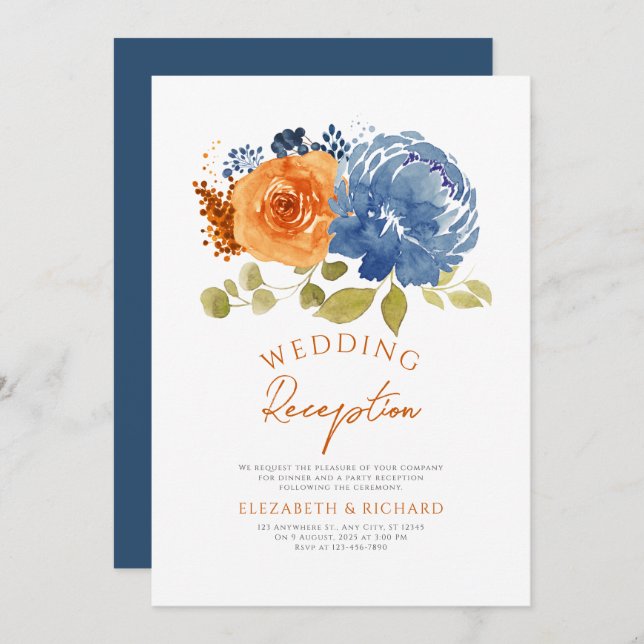 Navy Burnt Orange Floral Fall Wedding Reception Invitation (Front/Back)