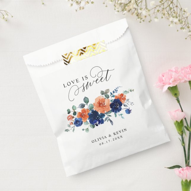 Navy Burnt Orange Floral Rust Flowers Fall Wedding Favour Bag (Sealed)