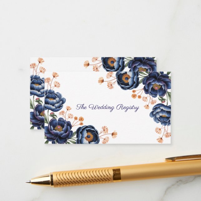 Navy & Burnt Orange Floral Wedding Registry Enclosure Card (Front/Back In Situ)