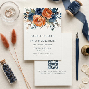 Navy Burnt Orange Florals QR Wedding Save The Date