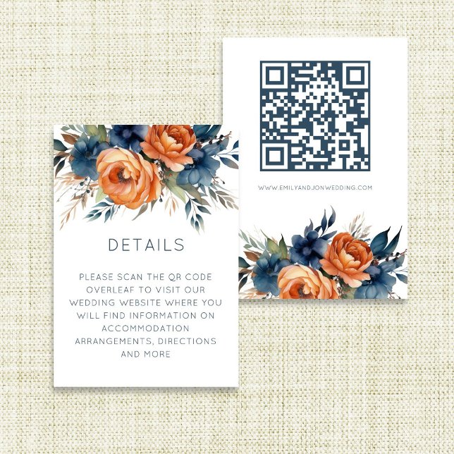 Navy Burnt Orange Florals Wedding Details Enclosure Card (front and back view)