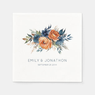 Navy Burnt Orange Florals Wedding Napkin