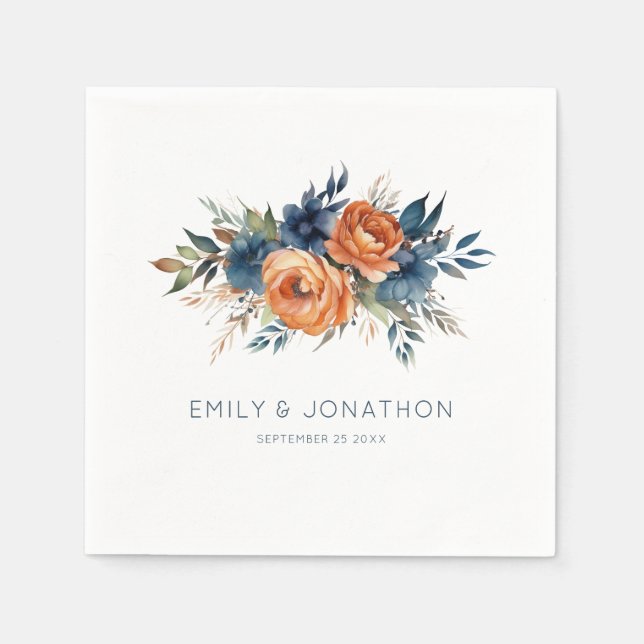 Navy Burnt Orange Florals Wedding Napkin (Front)