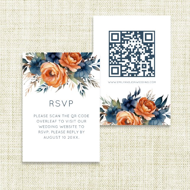 Navy Burnt Orange Florals Wedding  RSVP Card (Front and back view)