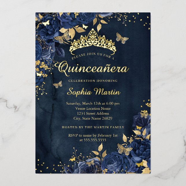 Navy Butterfly Flower Elegant Gold Quinceanera (Front)