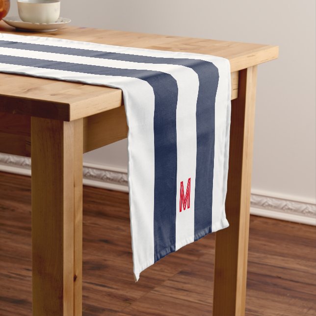 Navy Cabana Stripe & Personalized Red Monogram Short Table Runner (In Situ)