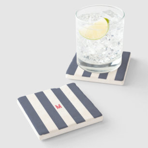 Navy Cabana Stripe & Personalized Red Monogram Stone Coaster