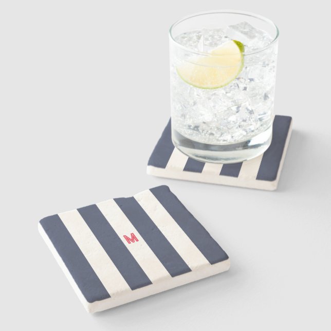 Navy Cabana Stripe & Personalized Red Monogram Stone Coaster (Side)